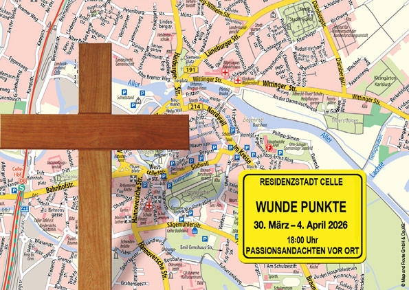 Postkarte Stadtplan Celle mit wunden Punkten